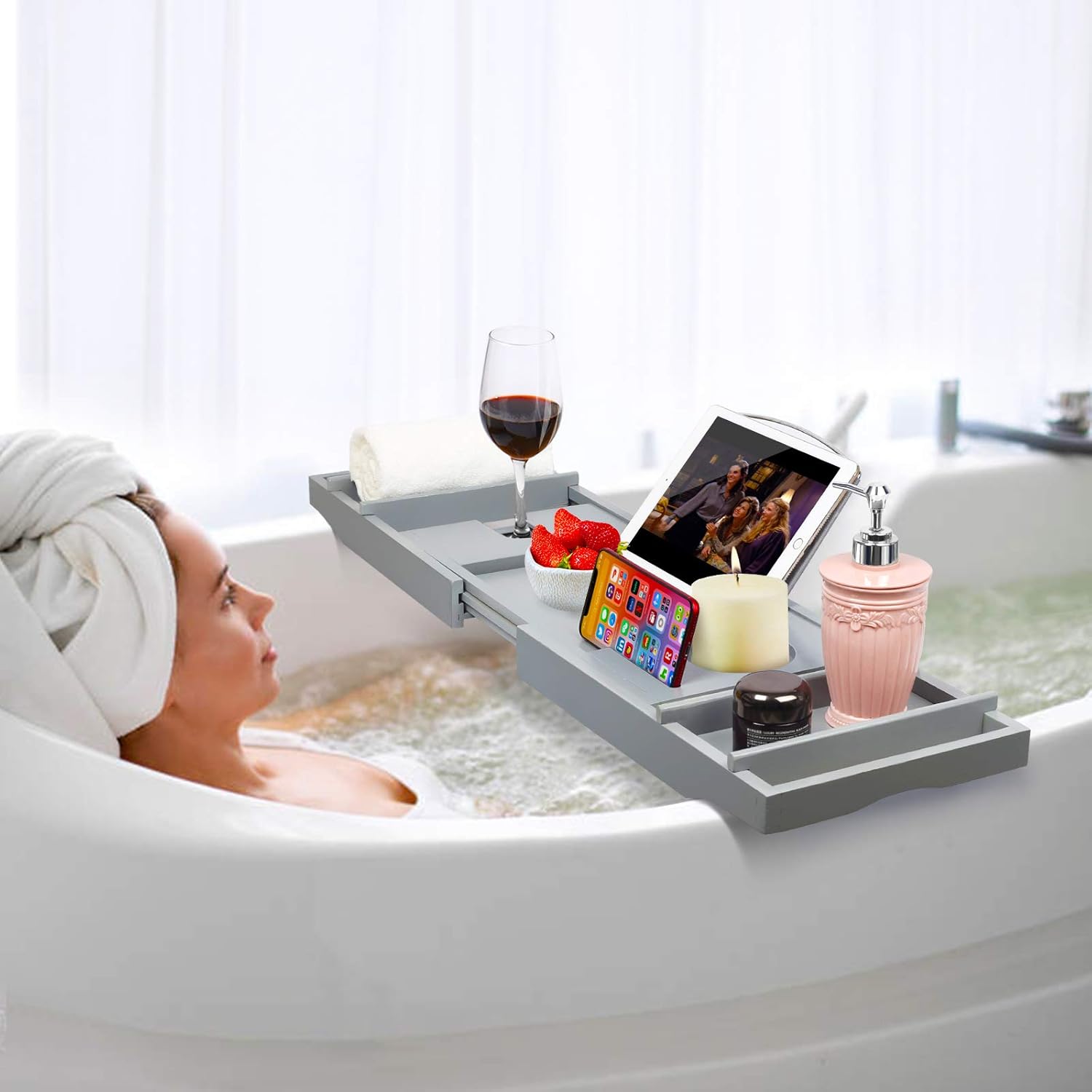 Artmalle Luxury Bamboo Bathtub Caddy Tray with Book and Wine Holder,Bath Accessories & Bed Tray with Extending Sides,Bathroom Organizer for Men/Women,Free Soap Holder,Gray: Home & Kitchen