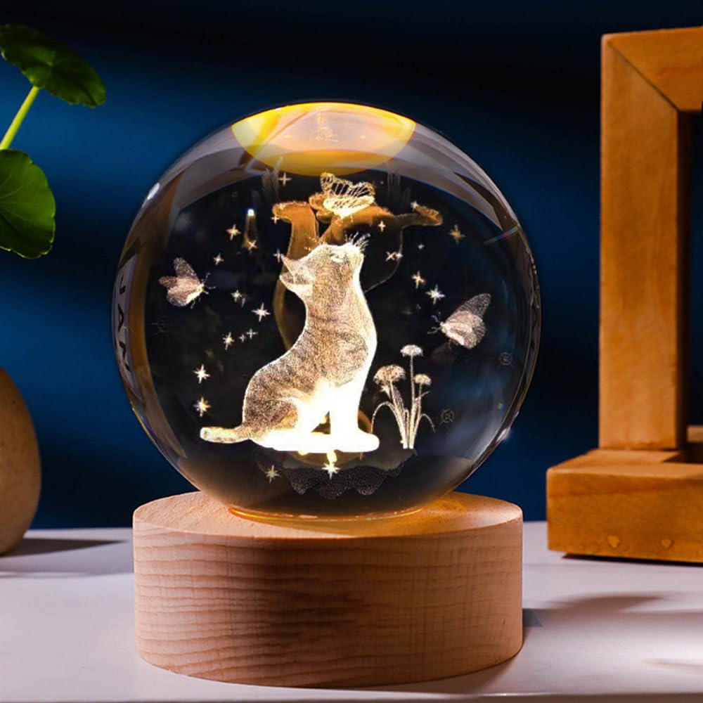 GUOCHENG Cat Crystal Ball Night Lights, 3D Kitty Crystal Globe with Warm LED Lamps, Lovely Cat Lighting for Bedroom Nursery, Gift for Cat's Lovers (Kitty)