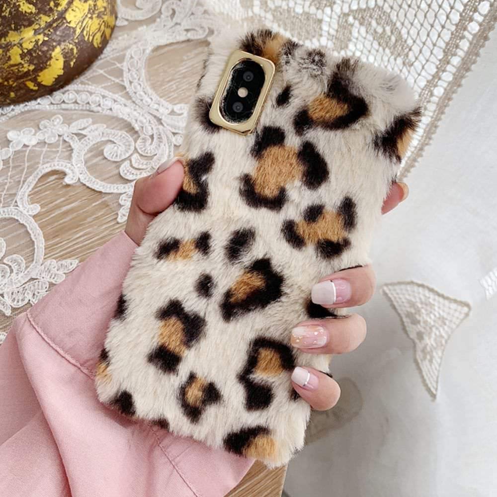 Fluffy furry soft leopard print white black brown slim case
