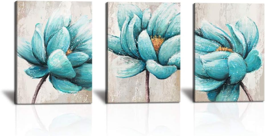 KLVOS 3 Panel Canvas Wall Art Teal Blue Lotus Flower Picture Painting Prints Modern Home Living Room Decoration Aqua Blue Floral Artwork for Bedroom Gallery Wrapped Ready to Hang 12