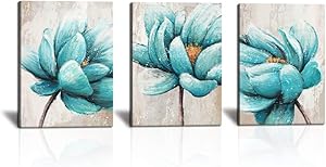 KLVOS 3 Panel Canvas Wall Art Teal Blue Lotus Flower Picture Painting Prints Modern Home Living Room Decoration Aqua Blue Floral Artwork for Bedroom Gallery Wrapped Ready to Hang 12