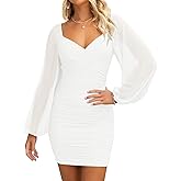 ZESICA Women's Sexy V Neck Ruched Bodycon Mini Dress Puff Long Sleeve Cocktail Wedding Party Short Dresses