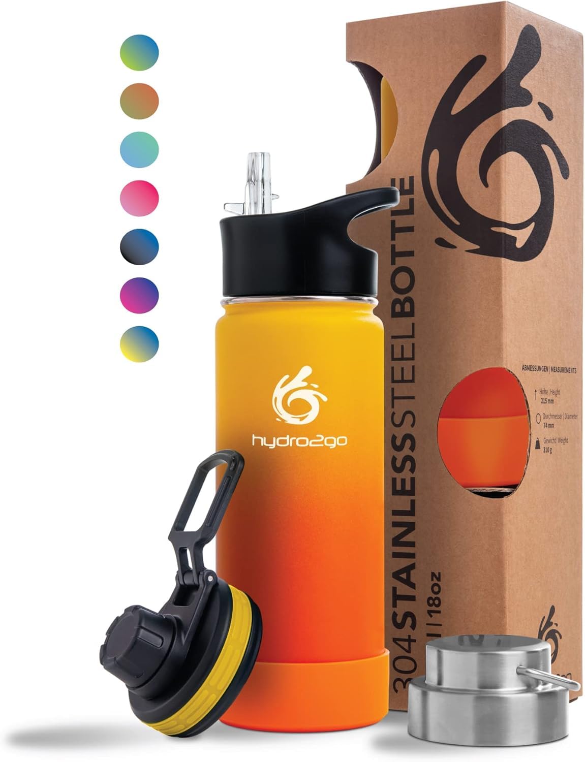 hydro2go Stainless Steel Water Bottle – BPA-free, keeps drinks hot 12h/cold 24h, includes 3 caps, 530ml (Sun)