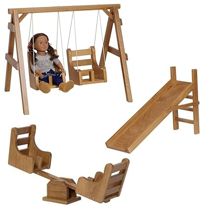 Clip Clop Three Piece Playground Set for 12 inch - 18 inch Dolls USA Handcrafted, Natural Finish