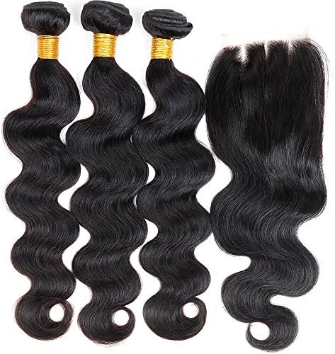 ZILING Brazilian virgin hair body wave with lace closure human hair bundles with closure extensions hair (12 14 16 w 12 three part)
