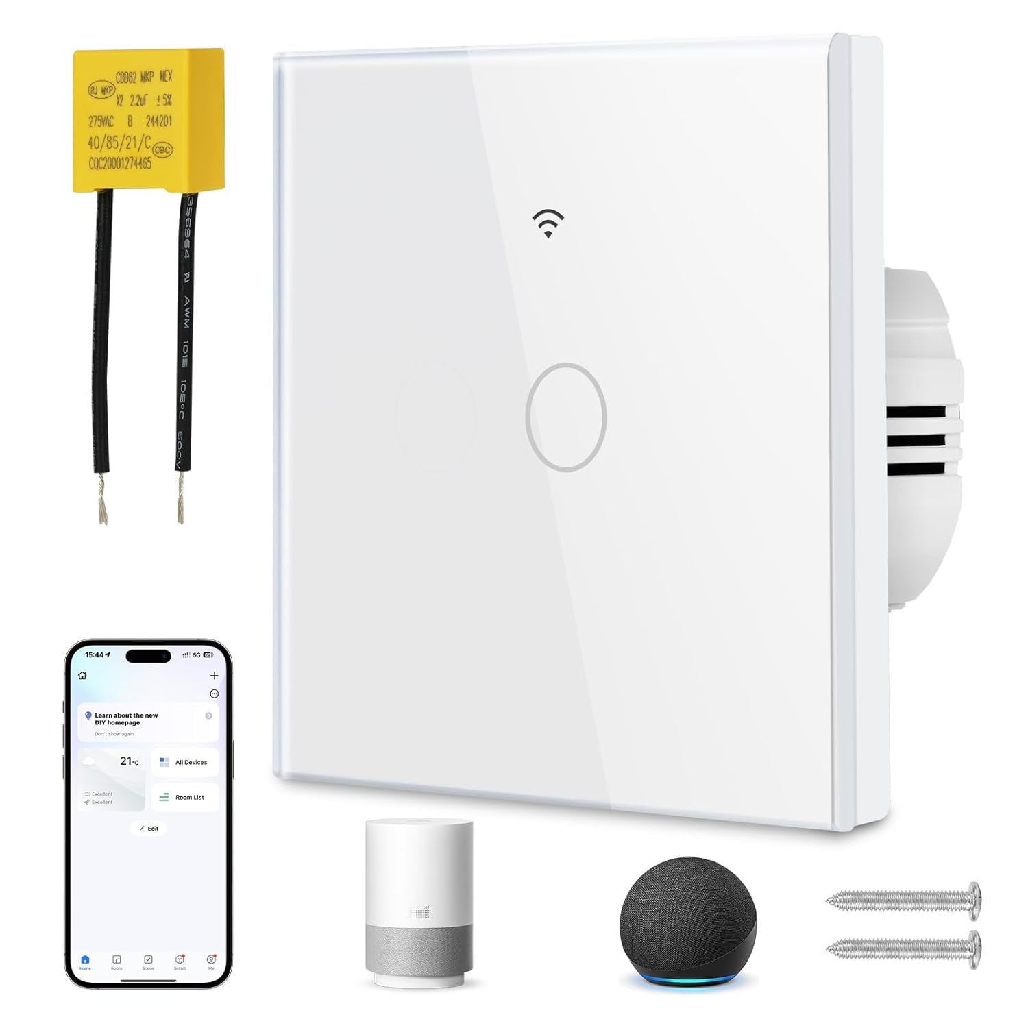 proAMEDEN Smart Light Switch WiFi 1/Gang No Neuro Glass Plate Touch Switch WiFi 2.4GHz Smart Life/Tuya Remote Control Works with Alexa, Google Home, White [Pack of 1]