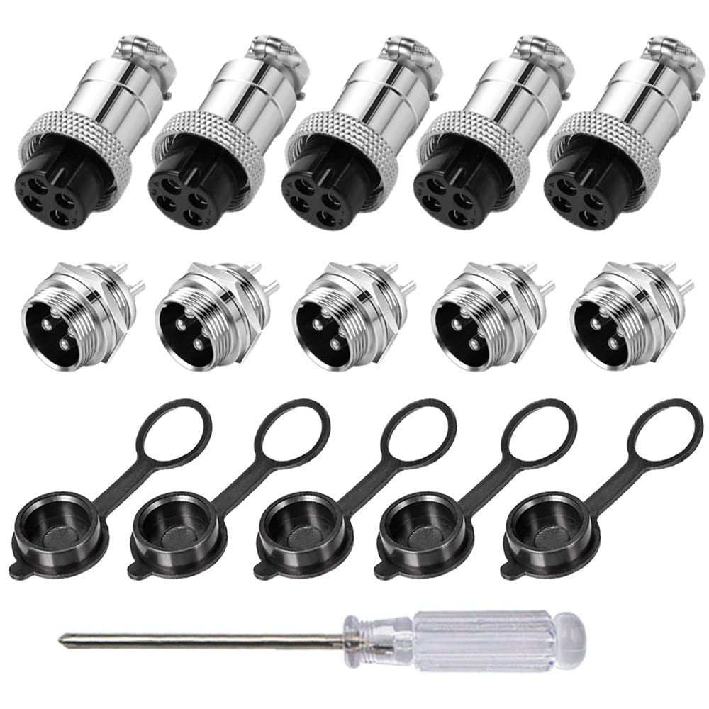 Aiqeer 5 Pcs 4-Pin GX16 Aviation Connector, 16 mm Thread Panel Metal Aviation Cable Connector, 5A Male Female Aviation Connector Plug Socket Kit, with Rubber Cap and Phillips Screwdriver