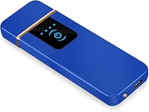 Auratrio Rechargeable USB Lighter Electric Lighter for Cigarette, Grill, BBQ, Camping, Home, Kitchen, Candles, with LED Display, Fingerprint & Windproof & Flamess (Blue)