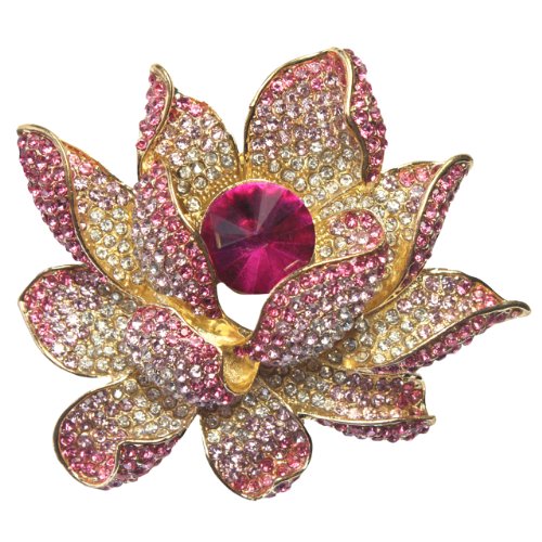 Lotus Dream Pink Crystal Diamante Petal Gold-Tone Brooch Pin