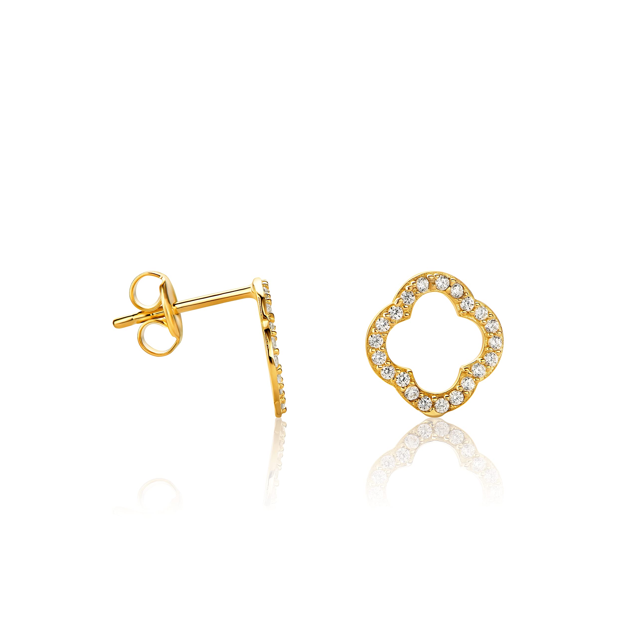 14ct Small Open Clover Stud Earrings Made of 585 Yellow Gold with Cubic Zirconia, Gold, Cubic Zirconia