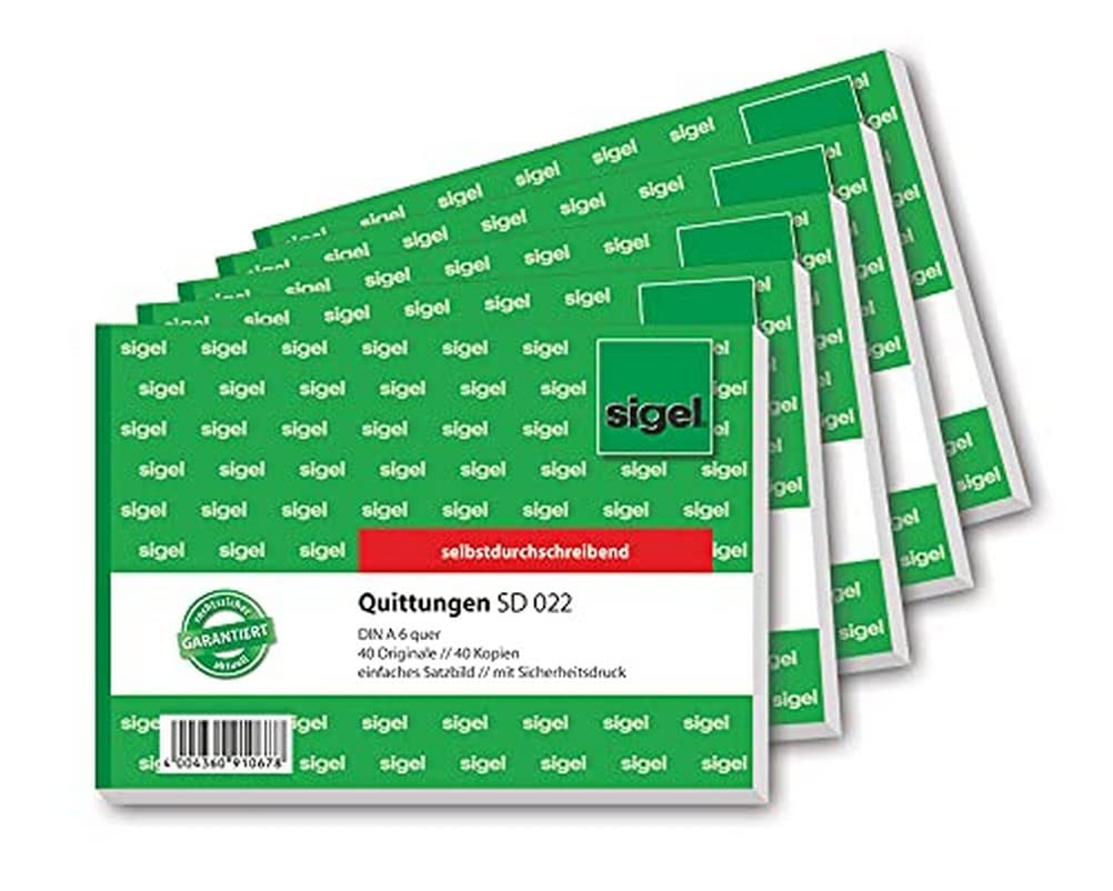 SIGEL SD022 Receipt Pad A6 Landscape Pack of 5 2 x 40 Sheets Self-Copying with 1 Duplicate Micro-Perforated Sustainable Paper