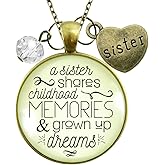 Sister Necklace - Boho Bronze Sentimental Family Jewelry - Metal Link Chain, Handmade Round Glass Shares Childhood Memories and Dreams Pendant, Butterfly Charm, Meaningful Message Card & Gift Box