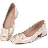 VYKF Women's Low Chunky Block Heel Leather Comfortable Square Toe Dress Shoes Pumps Office Lady Shoes
