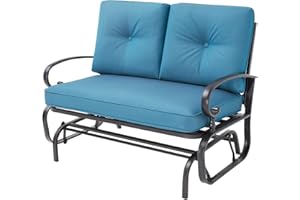 SOLAURA Patio Loveseat Outdoor Glider Swing Chair Patio Seating Dark Brown Wrought Iron Frame Lawn Chair with Thick Bench Cushions, Peacock Blue