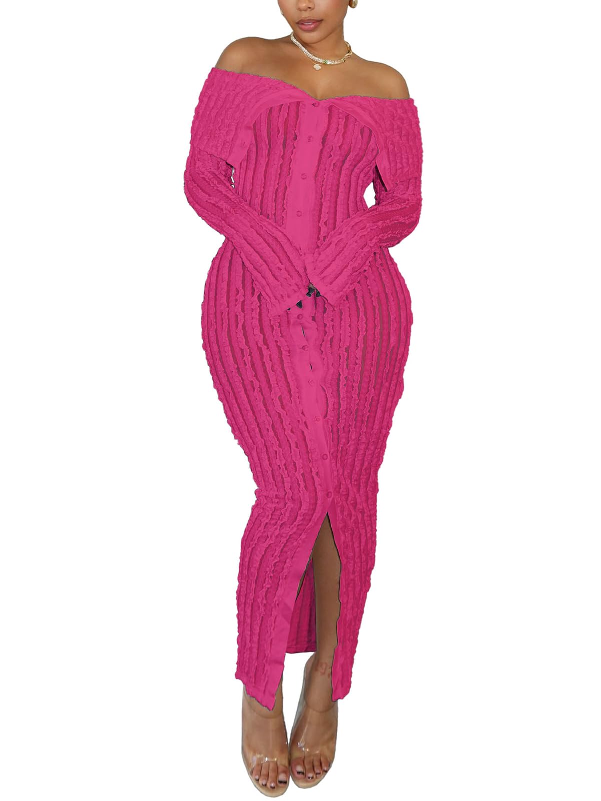Photo 1 of Sexy Button Down Dress for Women Long Sleeve Off Shoulder See Through Bodycon Maxi Dresses for Club Night Out Hot Pink L