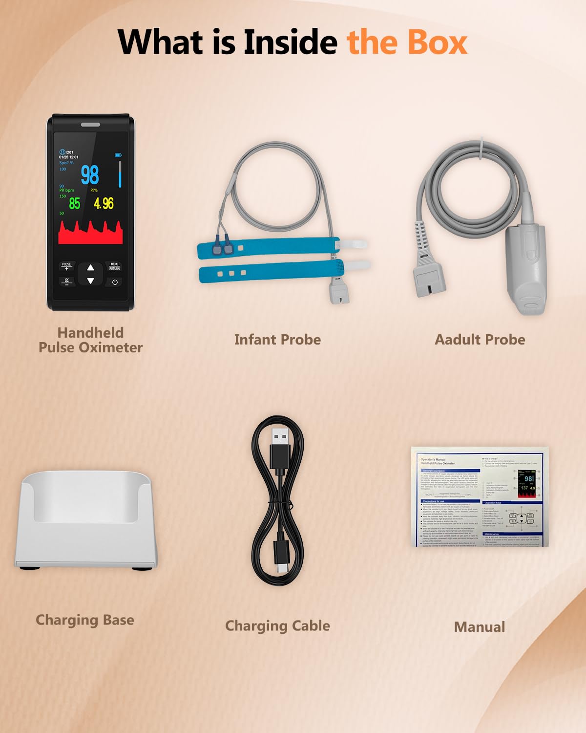 HealthTree Infant Handheld Pulse Oximeter Oxygen Monitor Fingertip for Adult Baby, Rechargeable Oximeter with Overnight Continuous, Alarm