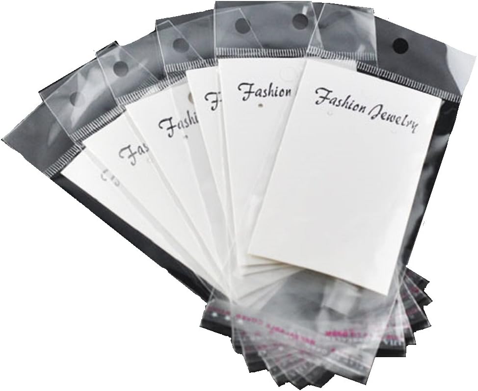 White Ear Hooks Earring Display Cards(with "Fashion Jewelry" print) W/Self Adhesive Bags 88x50mm, sold per pack of 100