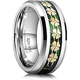 King Will 8mm Tungsten Clover Wedding Band for Men Gunmetal Ring Shell Plated Four Leaf Clover Inlay High Polish Beveled Edge Engagement Rings Comfort Fit Size 7-14