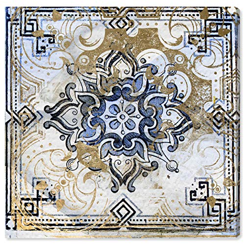 Contemporary Blue and Tan Moroccan Tile Print on Canvas, 16" x 16"