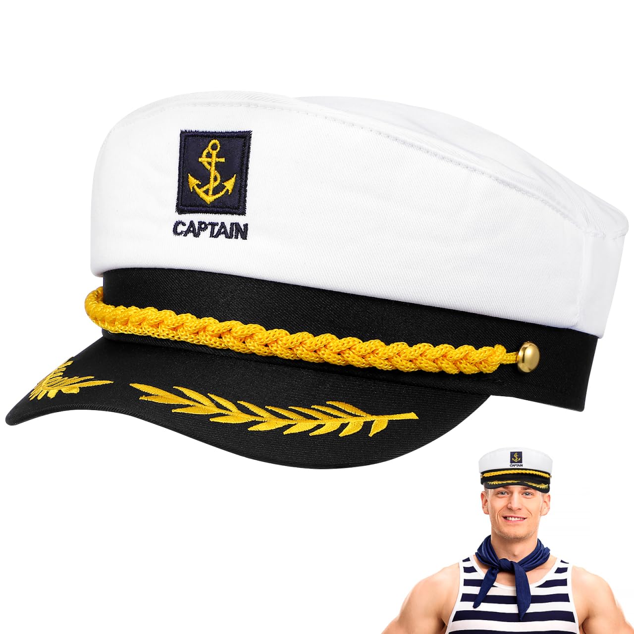 BESTOYARD Adult Yacht Boat Ship Sailor Captain Costume Hat Navy Marine Admiral Cap for Halloween Cosplay Dress Up Party Accessory(White)