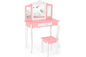 Costzon Kids Vanity Set with Mirror, 2 in 1 Princess Makeup Dressing Table w/Detachable Top, Girls Vanity with Tri-Fold Mirror, Drawer & Stool, Vanity Table & Chair Set for Little Girls, Pink