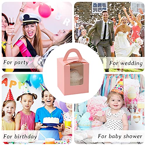 VGoodall 30 PCS Pink Cupcake Boxes, Single Cupcake Carrier with Window Insert and Handle Pastry Containers Muffins Cupcake Carriers for Bakery Wrapping Party Favor Packing