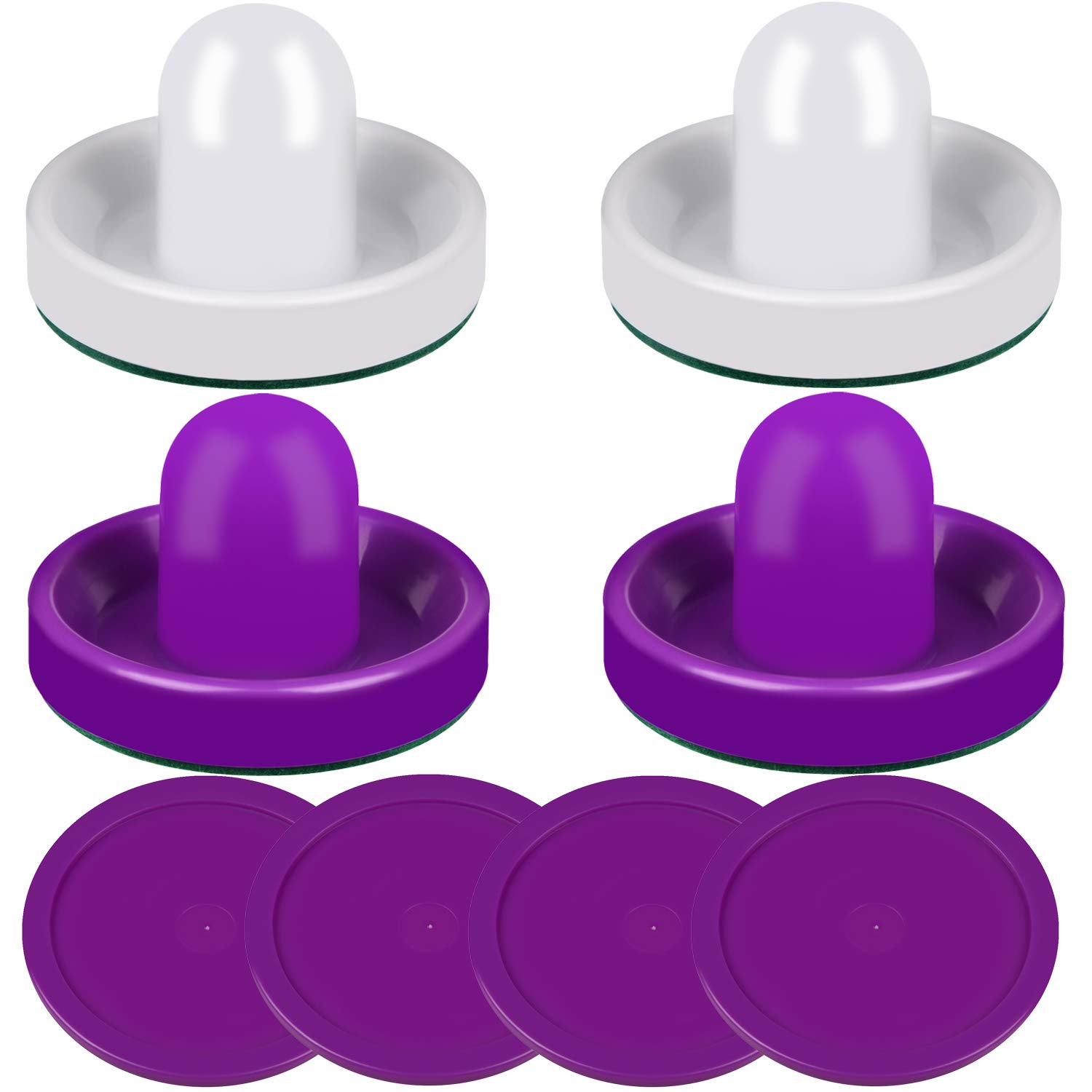 ONE250 Air Hockey Pushers and Purple Air Hockey Pucks, Goal Handles Paddles Replacement Accessories for Game Tables (4 Striker, 4 Puck Pack) (Purple & White)