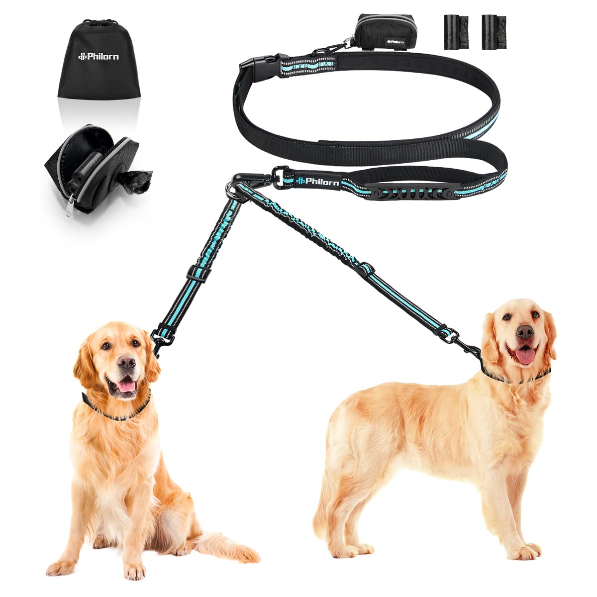 PHILORN Hands-free Double Dog Lead Splitter - Reflective, 66-84in Adjustable, Detachable - Dual Shock Absorbing Bungee Leads No Tangle Double Lead with 2 Handles & Waist Pack (Blue)