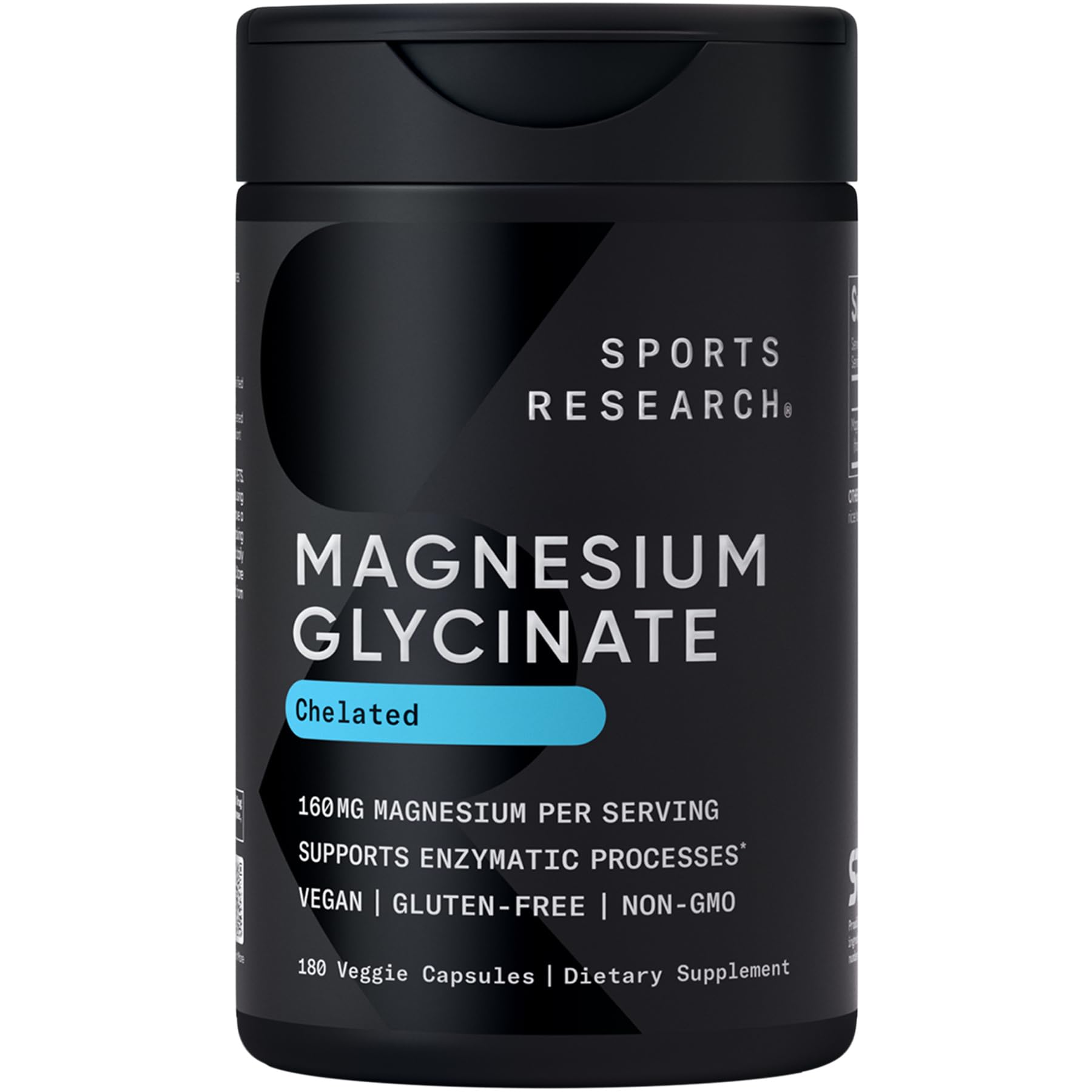 Sports Research® Magnesium Glycinate - Supports Restful Sleep & Enzymatic Processes - 160 mg Chelated Magnesium - Vegan Capsule - 180 Count