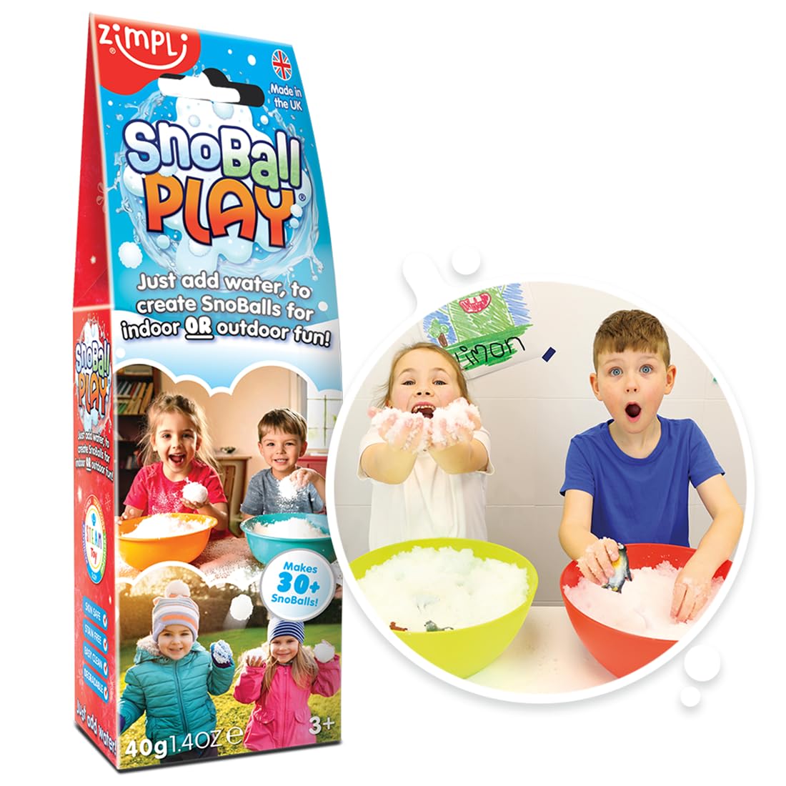 ZIMPLI - Snoball Play 2 Use, Magically turns water into Artificial Fake Instant Snow, Kids Indoor & Outdoor Toy, Stocking Filler for Boys and Girls 4 5 6 7 8 9, UK Made