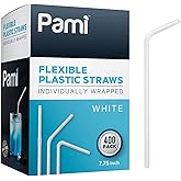 PAMI Flexible Plastic Bent Straws, Individually Wrapped [Pack of 400] - 7.75” White Drinking Straws For Coffee, Cocktails, Drinks- BPA-Free