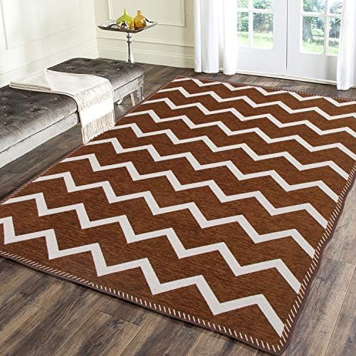 Braids Zesture Flat Weaved Chevron Design Foldable Multipurpose Living, Bedroom, Kitchen, Picnic, Praying Carpet, Area Rug, durries Runner - 5 feet x 7 Feet (Mustard)