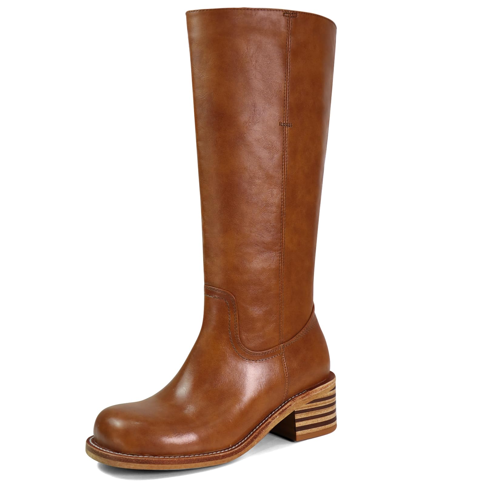 Photo 1 of VBDB Saddle Platform Knee High Boots for Women Square Toe Chunky Block Heel Long Boots Wide Calf Campus Boots Pull on Riding Boots for Women Size 8