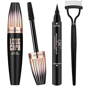 4D Silk Fiber Lash Mascara Waterproof Black, with Eyeliner Stamp & Eyelash Comb - Lengthening, Volumizing, Long-Lasting
