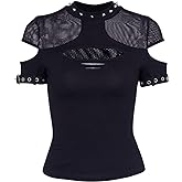 Women Sexy Gothic Punk Tops Mall Goth Y2k E-Girl T Shirt Short Sleeve Hollow Out Casual Tee Hip Hop Harajuku