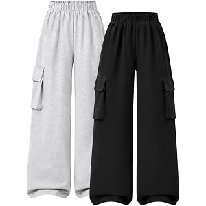 Azmxynol Tween Girl's Sweatpants 2 Pack Trendy Wide Leg Cargo Pants with Pockets, Size 7-14 Years