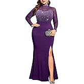 ZOMVA Plus Size Sparkly Split Maxi Dress Sexy Sheer Mesh Long Sleeve Mock Neck Mermaid Evening Gown Cocktail Club Formal