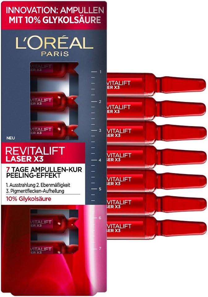 L'Oréal Paris Ampullen, Revitalift Laser X3, Anti-Aging Gesichtspflege mit Peeling-Effekt, 7-Tage-Kur, Glykolsäure