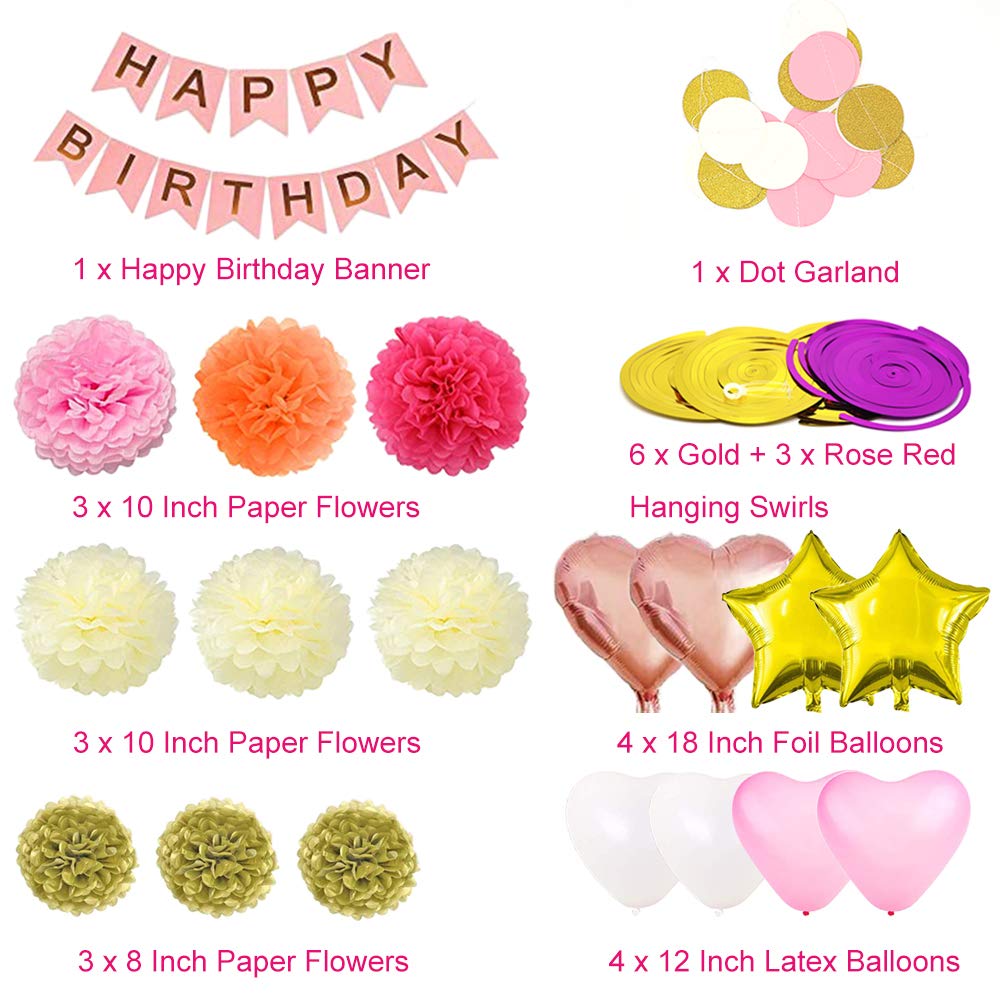 Birthday Decorations Birthday Party Supplies Happy Birthday Banner Pink and Gold Happy Birthday Decor for Women Girls