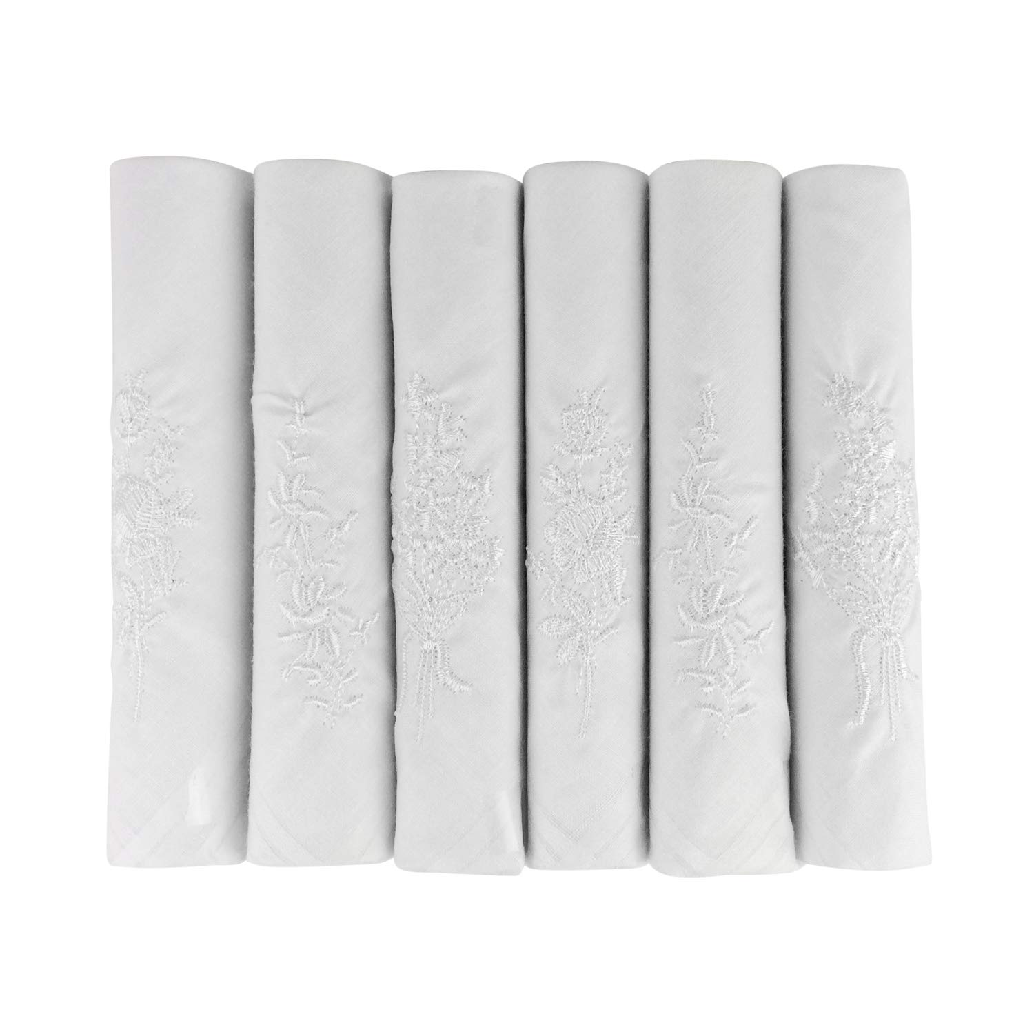 6 Pack Ladies Boxed 100% Cotton Embroidered Luxury White Handkerchiefs, 40 x 40cm approx, White
