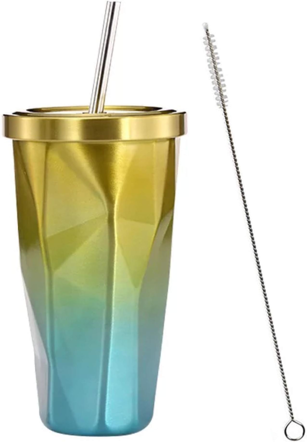 NanKin Gradient Stainless Steel Tumbler With Lids and Straws Double Wall Vacuum Insulation Steel Hydro Thermos Office Mug Cold Cup Car Drinking Cups 17oz. (Yellow-Blue I)