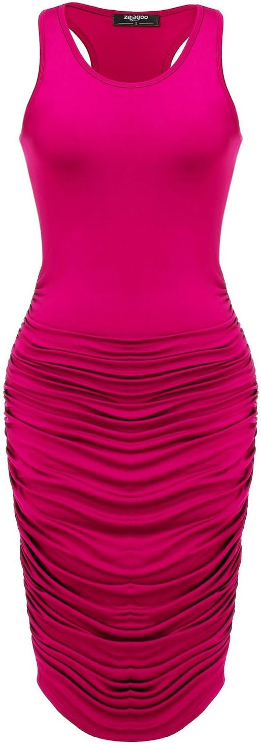 Yisqzjzj Stretch Ruched Sundress Fold Bodycon Midi Tank Dress