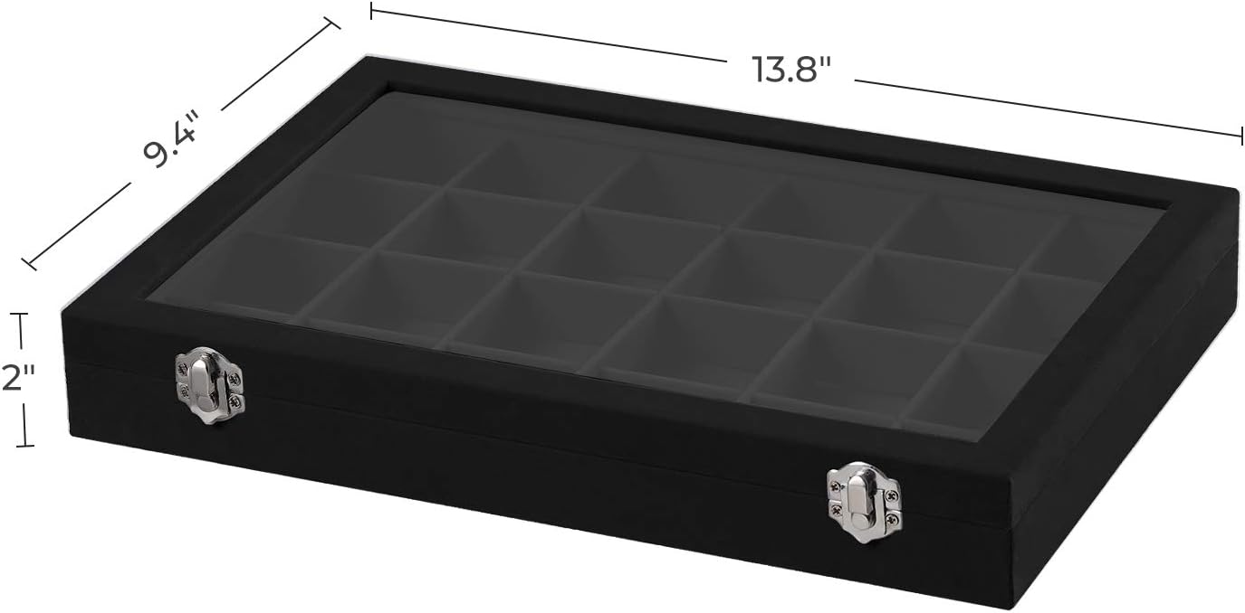 SONGMICS Jewelry Box Display Case with a Clear Glass Window and 24 Compartments, Black: Furniture & Decor