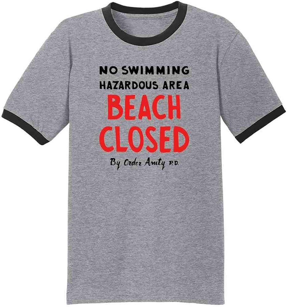 Beach Closed No Swimming Amity PD Shark Warning Graphic Tee Ringer T-Shirt