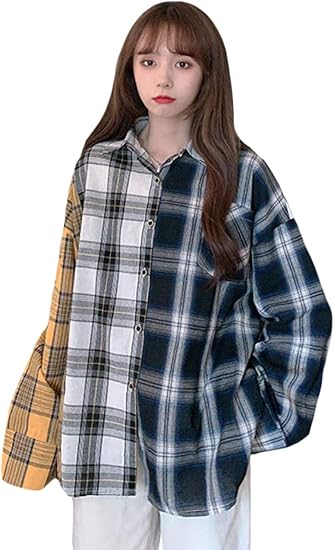 Amazon Shuming 長袖シャツ レディース チェック柄 ゆったり シャツ バイカラー 韓国ファッション チェックシャツ ブラウス 原宿系 ストリート トップス 秋 シャツ ブラウス 通販
