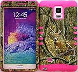 Wireless Fones TM Hybrid Impact Kickstand Cover Case Silicone for Samsung Galaxy Note 4 Real Deer Camo Mossy on Pink
