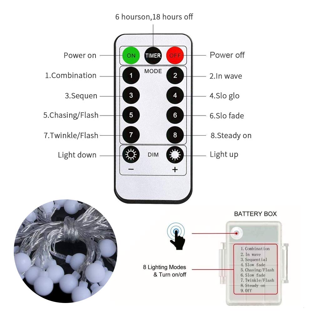 Globe Ball String Lights 16.4ft 50 LED Warm White Globe lights Battery Operated Fairy string Lights with 8 Modes and Timer Remote Control for Bedroom, Garden, Christmas, Wedding, Party