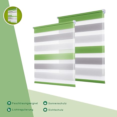 OUBO Doppelrollo Klemmfix ohne Bohren 55 x 150 cm (B x H) Grün-Grau-Weiß Fenster Duo Rollo