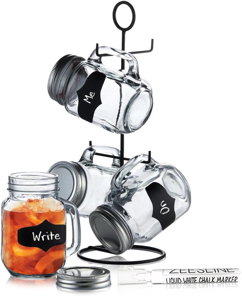 4 Glass Mason Jars with Lids, Metal Stand, Chalk Labels & Chalk Marker - 16-oz Clear Chalkboard Mugs with Handles on Space-Saver Caddy