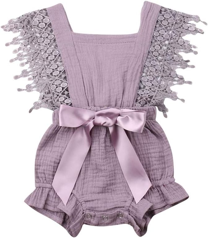 Newborn Baby Girl Rompers Lace Flutter Sleeve Bowknot Jumpsuit Bodysuit Princess Clothes